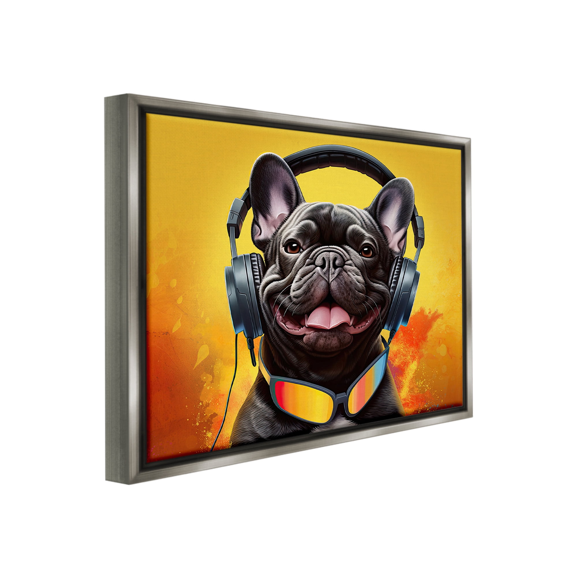 Stupell Industries Modern Dog with Headphones Animals & Insects Painting Gray Floater Framed Canvas Art Print Wall Art, 21 x 17