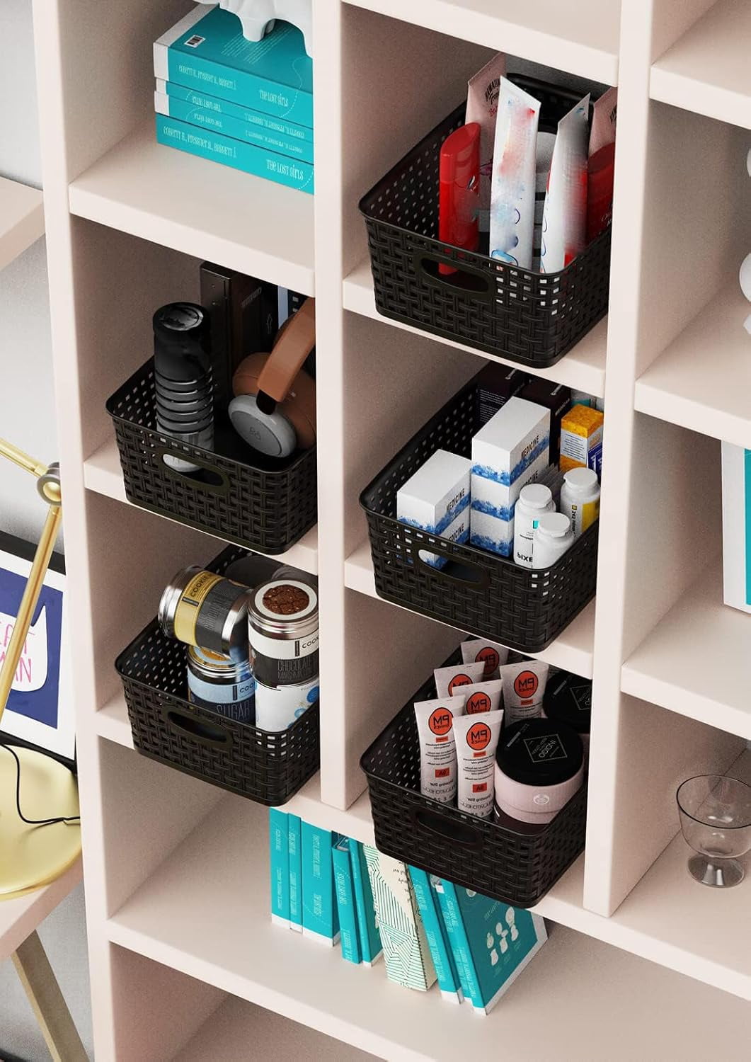12-Pack Black Woven Plastic Storage Basket – Stackable Organizer (10.1”L x 7.6”W x 4.1”H)