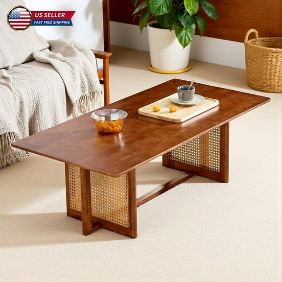Hassch 47-Inch Coffee Table in Walnut Finish, Rectangular MDF Coffee Table with Woven Rattan Legs, Chinese Style Living Room Center Table, Easy Assembly