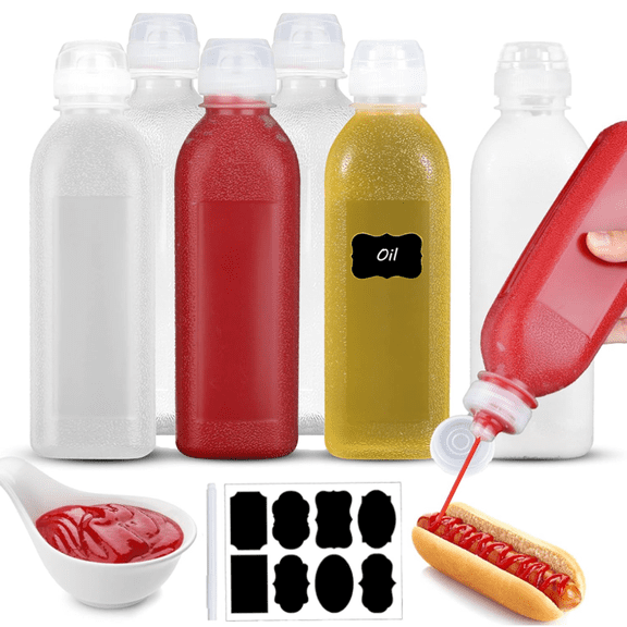 16 Oz Condiment Squeeze Bottles, 6 Pack Plastic Squeeze Squirt Bottle with Flip Top Cap, Multipurpose Squirt Bottles for Oil,Hot Sauce,Ketchup,BBQ