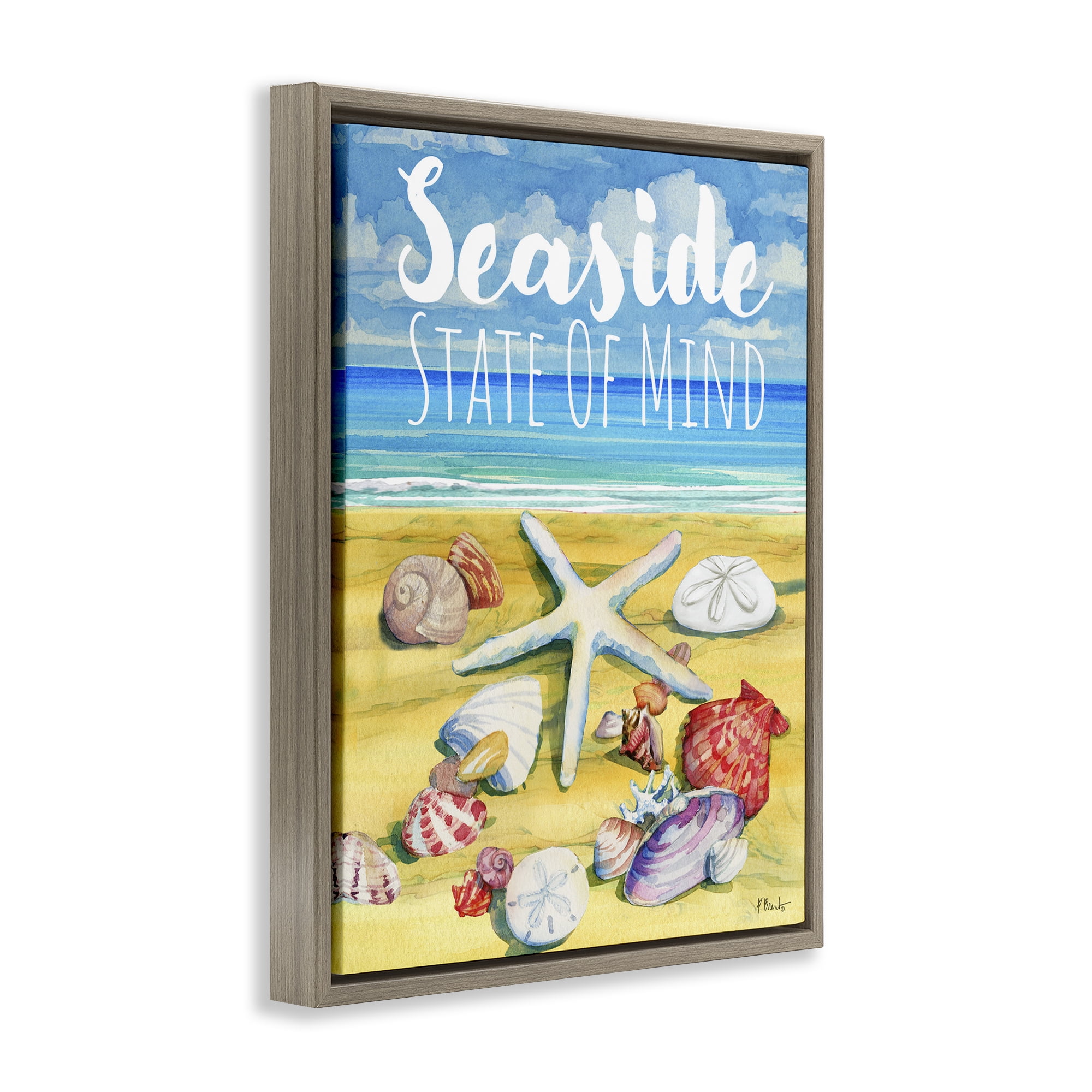 Stupell Industries Seaside Sandy Shells Coastal Painting Brown Floater Framed Canvas Art Print Wall Art, 25 x 31