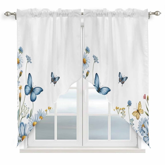 White Daisy Blossom Swag Curtains for Kitchen/Bedroom/Living Room, Spring Graden Floral Butterflies Scalloped Curtains 63 Inch Long, Window Swag Topper Curtains Valances 2 Panels Set 36"x63"