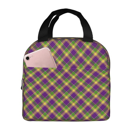 Insulated Lunch Bag for Women Men - Mardi Gras Plaid Leakproof Cooler Lunch Box for Women Men  Lunch Tote Bags for Work School Picnic Travel
