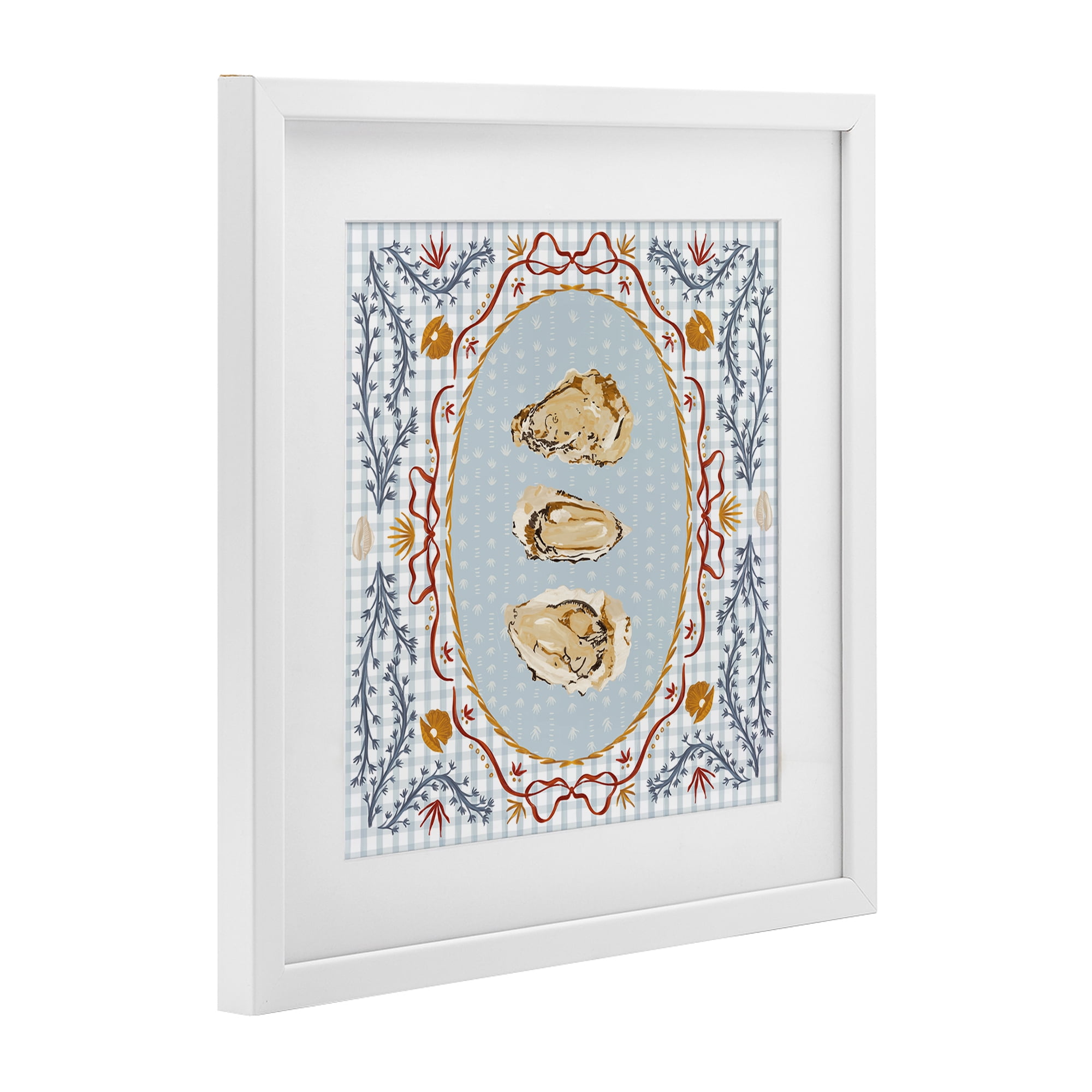 Stupell Industries Oyster Trio on Blue Gingham White Framed Print Under Glass, design by Vero Illustrates