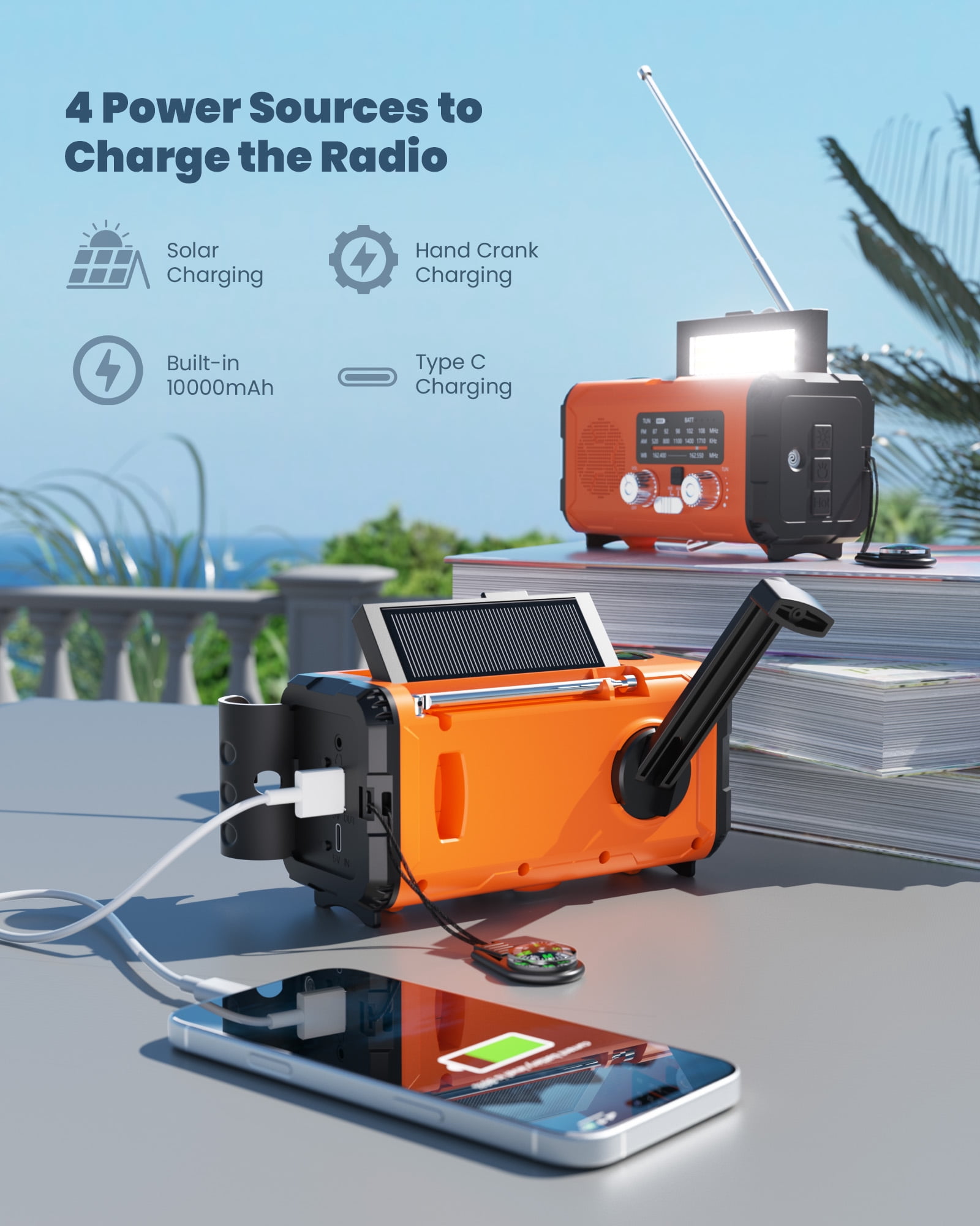Colesno NOAA Weather Radio, 10000mAh Emergency Solar Hand Crank Radio with AM/FM, USB/Type-C Charging, LED Flashlight, and SOS Alarm, Compact Design for Outdoor, Travel, and Emergency Kits (Orange)
