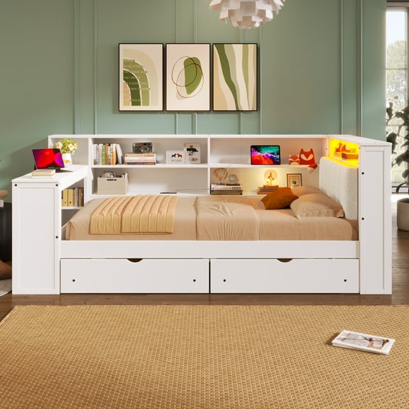 Euroco Wood Twin Size Daybed with Desk and Shelves, Captain Bed with Upholstered Headboard, LED Light and USB Charging, White