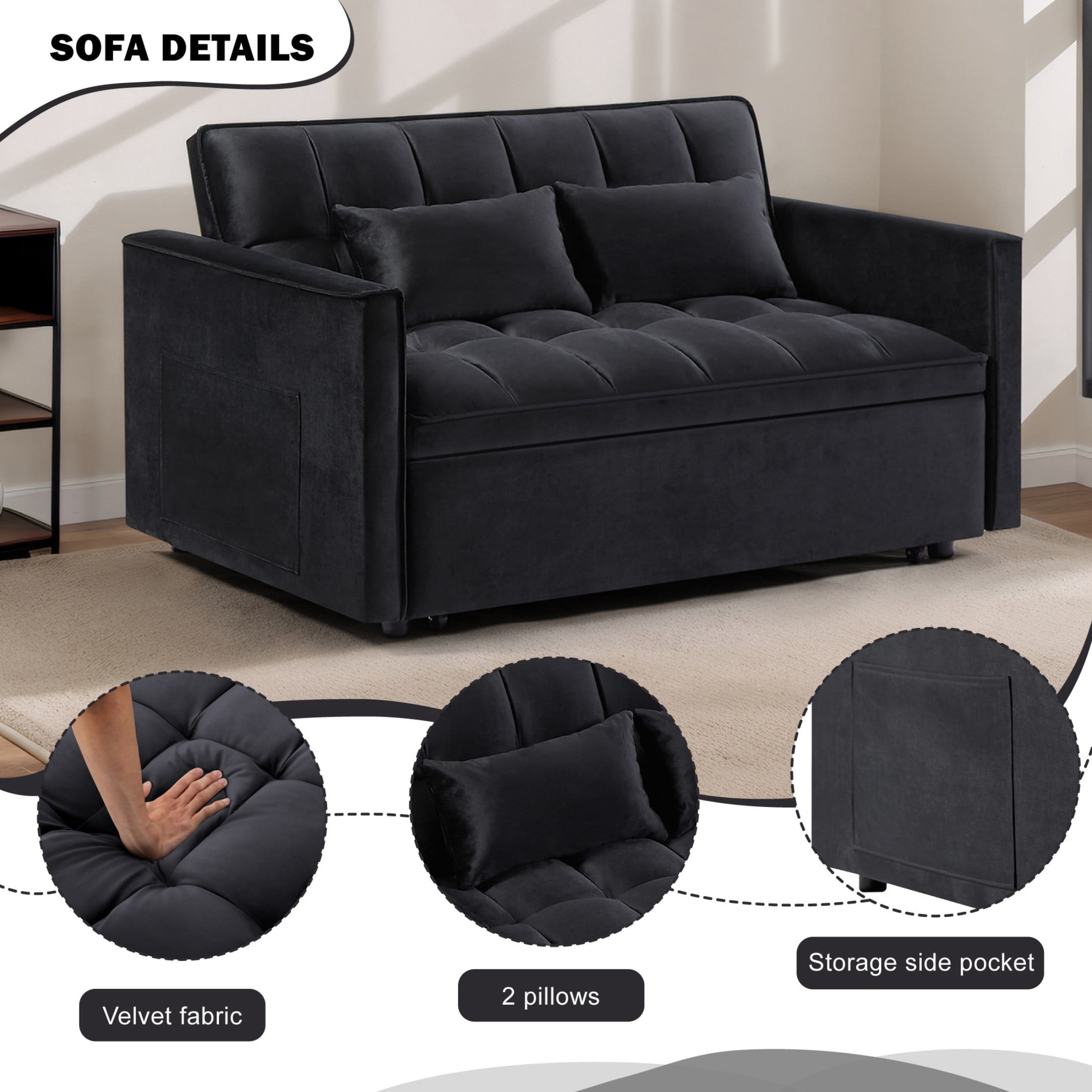 Gewnee 54" Modern Convertible Velvet Futon Sofa Bed with Pull-Out Sleeper and Adjustable Backrest, Loveseat Couch for Living Room or Office (Black)
