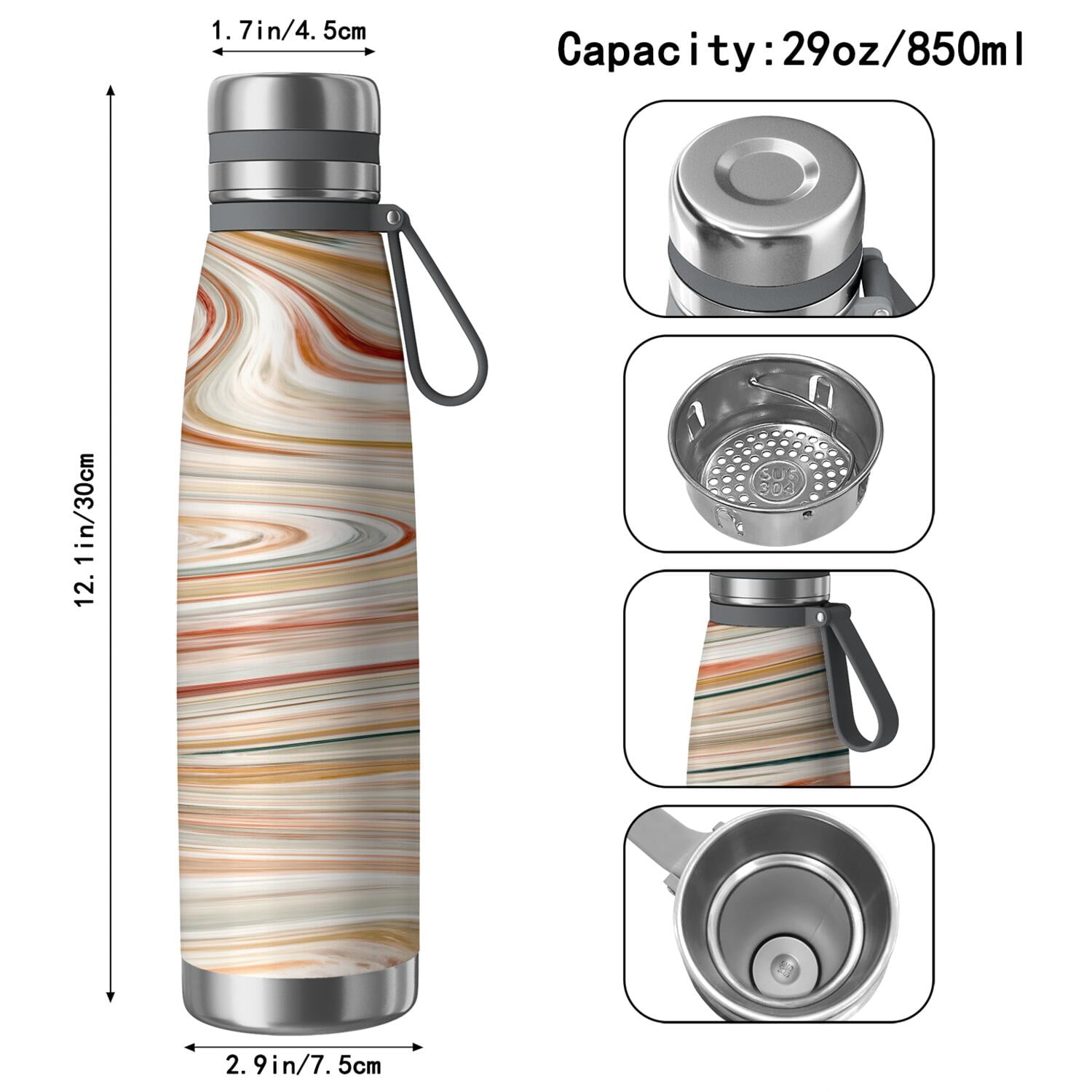 29oz Insulated Water Bottle with Tea Infuser, Stainless Steel Travel Mug, Liquid & Marble Print