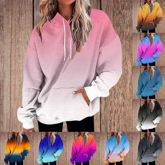 XPMWRP Women's Gradient Color Drawstring Hoodies Sweatshirt Long Sleeve Winter Warm Loose Comfortable Pullover with Pockets Blue S