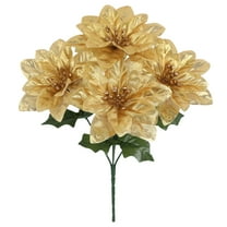 1 Pc Artificial Bushes Poinsettias Artificial Christmas Flowers Gold Fake Silk Flowers Floral Bouquet for Xmas Tree Fillers Home Table Centerpiece Vase Holiday Party Ornaments(Yellow,11x7.8")