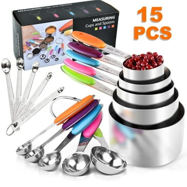 Measuring Cups and Spoons Set of 15, Heavy Duty Stainless Steel Kitchen Measuring Tool with Colored Silicone Handle, Including 5 Nesting Measuring Cups, 5 Spoons, 5 Mini Spoons for Cooking Baking