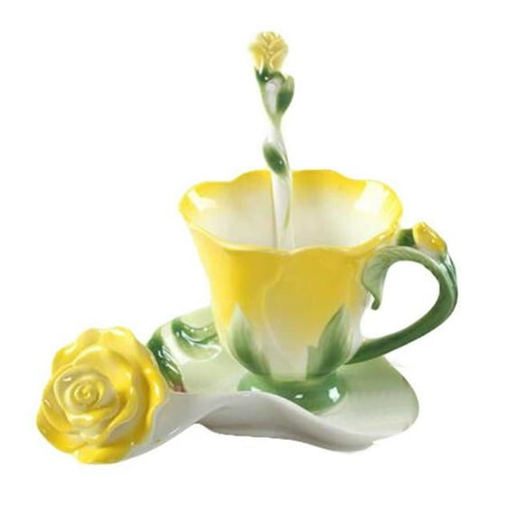 5.1 oz Porcelain Coffee Tea Cup Sets with Saucer & Spoon Yellow Rose Shape Design, Multi Color