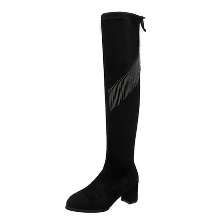 

Women Shoes Thick High Heel Fleece Boots Casual Soft Bottom Non Slip Elastic Wool Boots Long Tube Over The Knee Boots