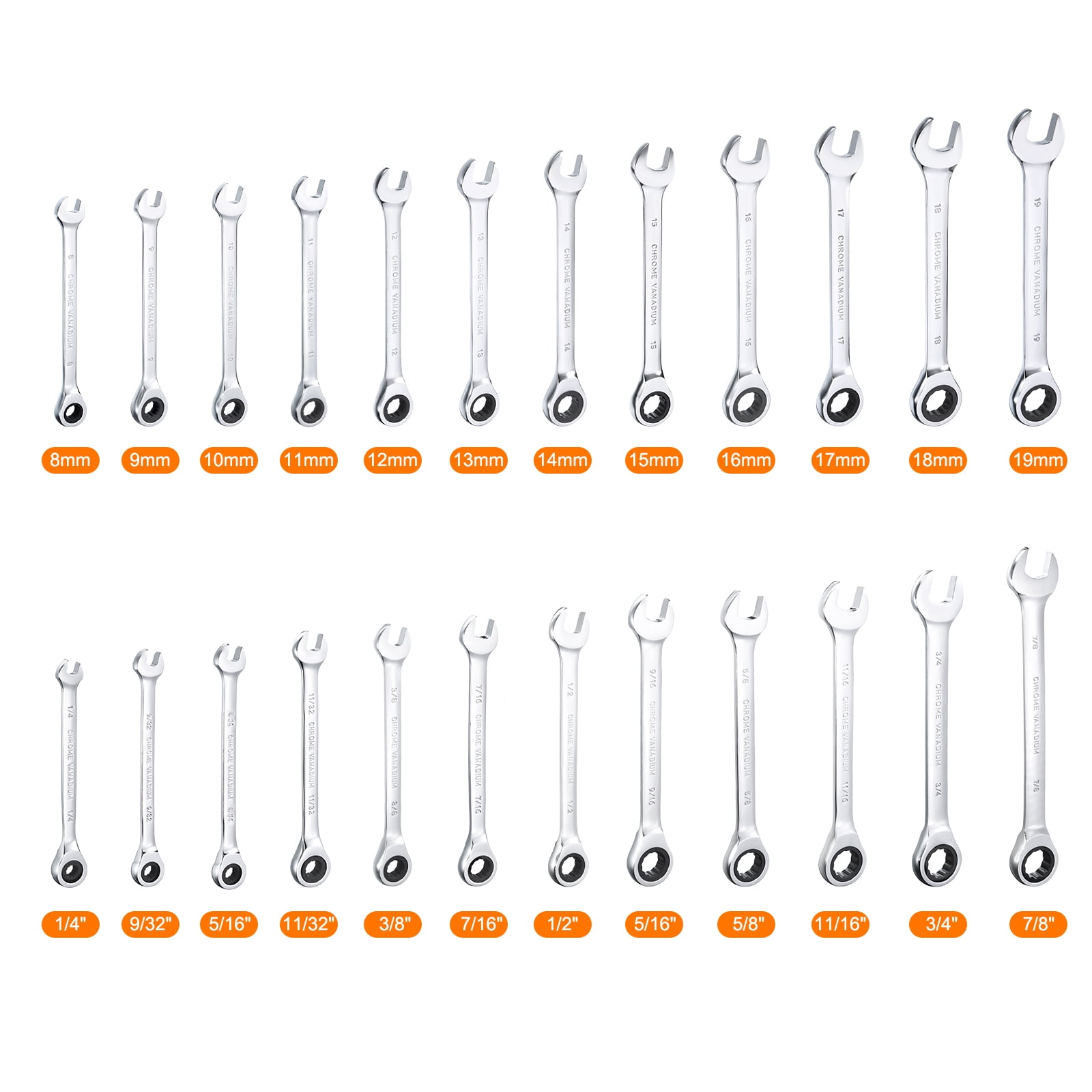 Uxcell 24 Pieces Ratcheting Combination Wrench Set Inch and Metric 12PT Ratchet Wrench