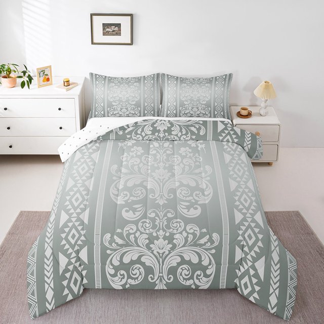 Erosebridal Geometric Triangle Bedding Twin Comforter Set,Victorian Paisley Down Comforter,White Grey,Reversible,Lightweight,2pcs