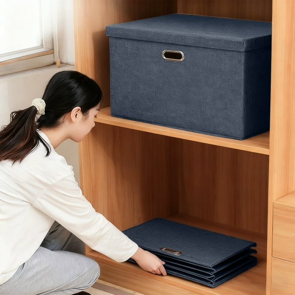 Large 14.6"x10.6"x10.2" Collapsible Stackable Storage Bins with Lids, Closet Organizer Baskets with Label for Home, Foldable Fabric Linen Storage Boxes Cube