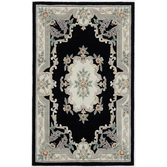 Eclatique Rug Traditional Persian Art Deco Tufted Black Floral Area Rug, 8' x 10', Non-Slip