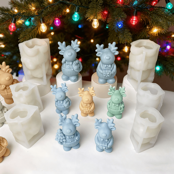 JDH 2PCS 3D Christmas Standing Elk Deer Silicone Candle Molds Soap Mold, DIY Xmas Theme Resin Mould for Home Party Decoration, Handmade Soap Bath Bomb Lotion Bar Chocolate Jello