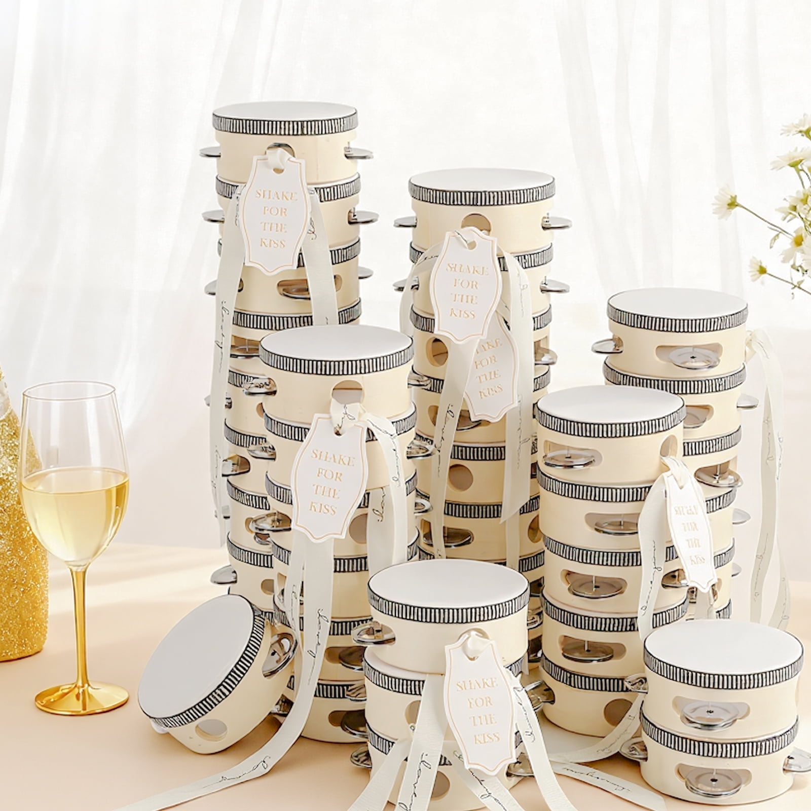 48 Set 4 inch Tambourines Bulk for Adults Christmas Bulk Wooden Hand Held Drum with Metal Jingles, Tags, Tambourine Gift Musical Instrument for Church Wedding Party Favor(White Style)