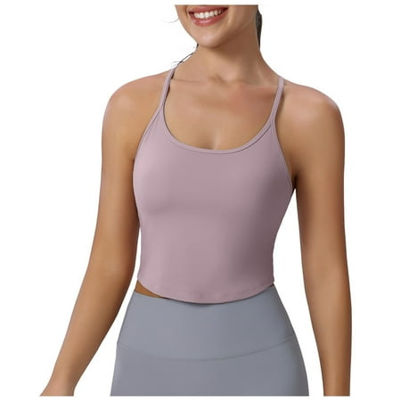 Zhaghmin Racer Back Sports Bra for Women Cropped Tank Tops Built in Bras Workout Running Vest Padded Cami Bras Soft Bras for Women Wirefree Pink M