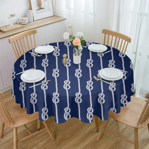 Coastal Whiet Knot Round Tablecloth 60 Inch - Waterproof Fabric Table Cloth Protector, Navy Blue Summer Beach Seaside Nautical Tablecloths Washable Table Cover for Kitchen Banquet Coffee Table Party