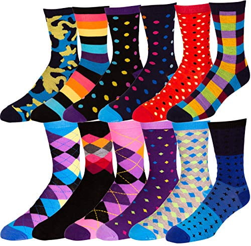 Boy's Pattern Dress Funky Fun Colorful Socks 12 Assorted Patterns Size 3-9 