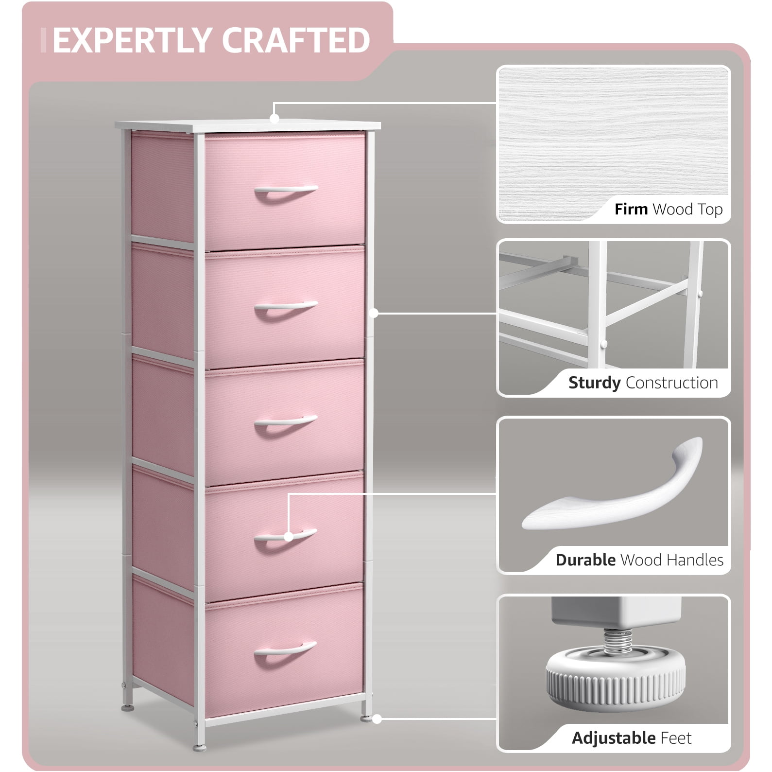 Sorbus Fabric Dresser for Kids – 5-Drawer Storage Tower, Clothing Organizer for Bedroom, Closet, Playroom & Nursery – Steel Frame, Fabric Bins with Wood Handles, Pink