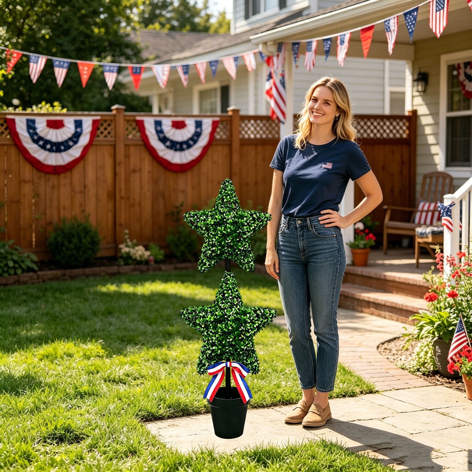 NANIL Patriotic Star Artificial Topiary Tree 35.5", Independence Day 4th of July Potted Plant with Red White Blue Bow, 250th Anniversary Merchandise Fake Greenery for Front Porch Outdoor Decor