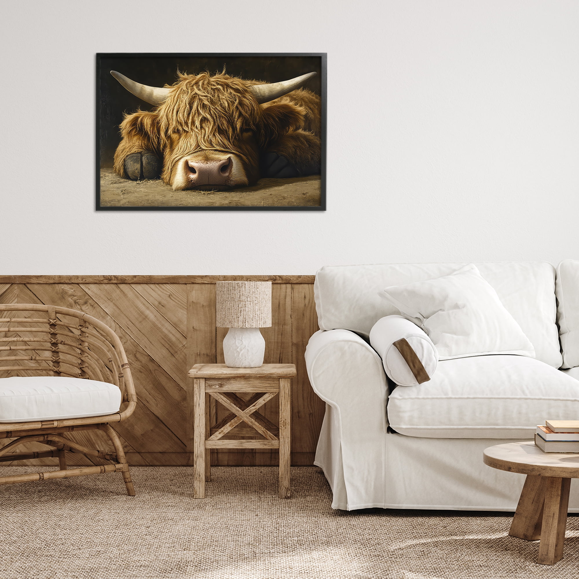 Stupell Industries Sleeping Highland Cow & Hoof Black Framed Giclee Art, design by The Wands Want