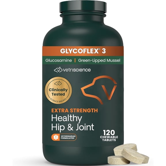 VetriScience GlycoFlex 3 Extra Strength Healthy Hip & Joint Chicken Flavored Chewable Tablets with Glucosamine & Green-Lipped Mussel, Supplement for Dogs, 120 Count