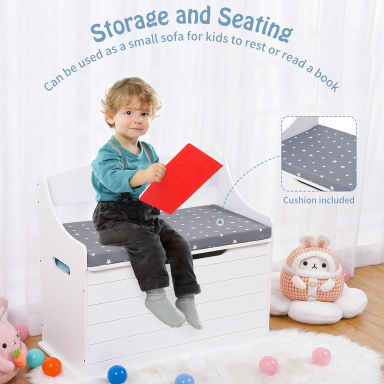 Wooden Toy Box White Kids Toy Chest with Safety Hinged Lid Large