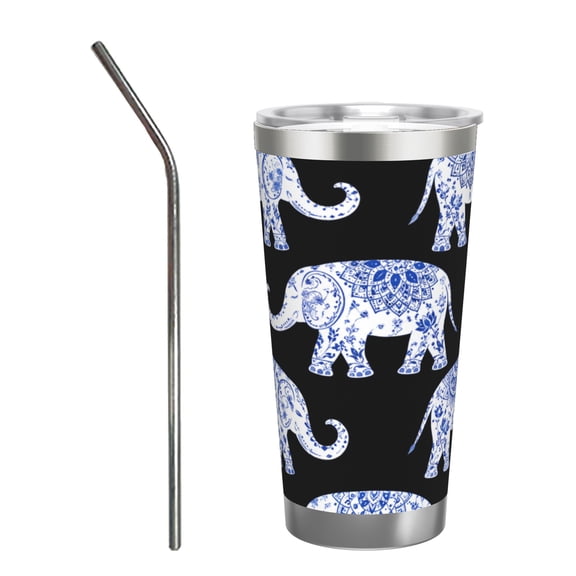20oz Tumbler with Handle Blue White Elephant Mandala Travel Cup Stainless Steel Insulated Car Cup Coffee Cup Gift with Stainless Steel Straw