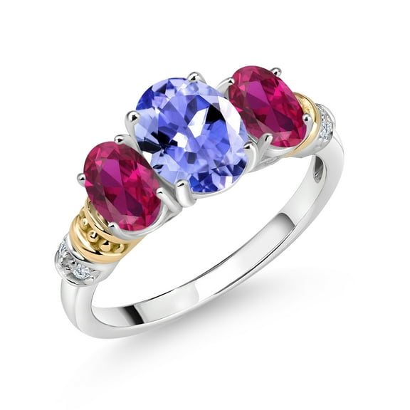 Gem Stone King 925 Sterling Silver and 10K Yellow Gold Oval Blue Tanzanite Red Created Ruby and White Diamond 3 Stone Ring for Women (2.19 Cttw, Gemstone December Birthstone, Size 8)