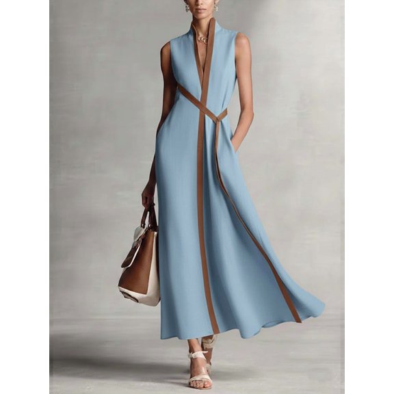 Summer Color-block Sleeveless Belted Casual Dress