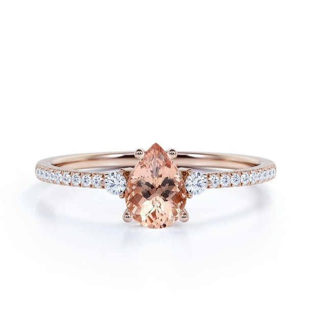 JeenMata - 1 Carat Three Stone Peach Morganite Engagement Ring in 10K ...