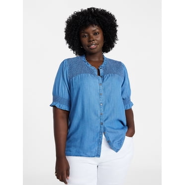 Terra & Sky Women's Plus Size Smock Yoke Top with Elbow Sleeves, Sizes 0X-5X