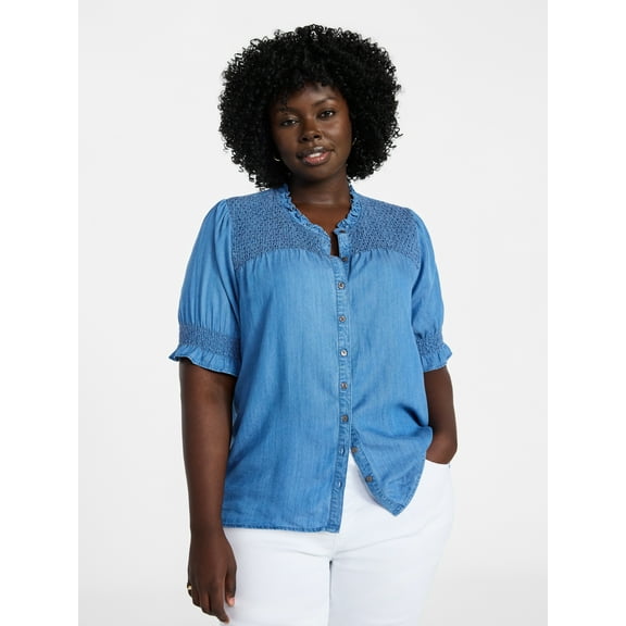 Terra & Sky Women's Plus Size Smock Yoke Top with Elbow Sleeves, Sizes 0X-5X