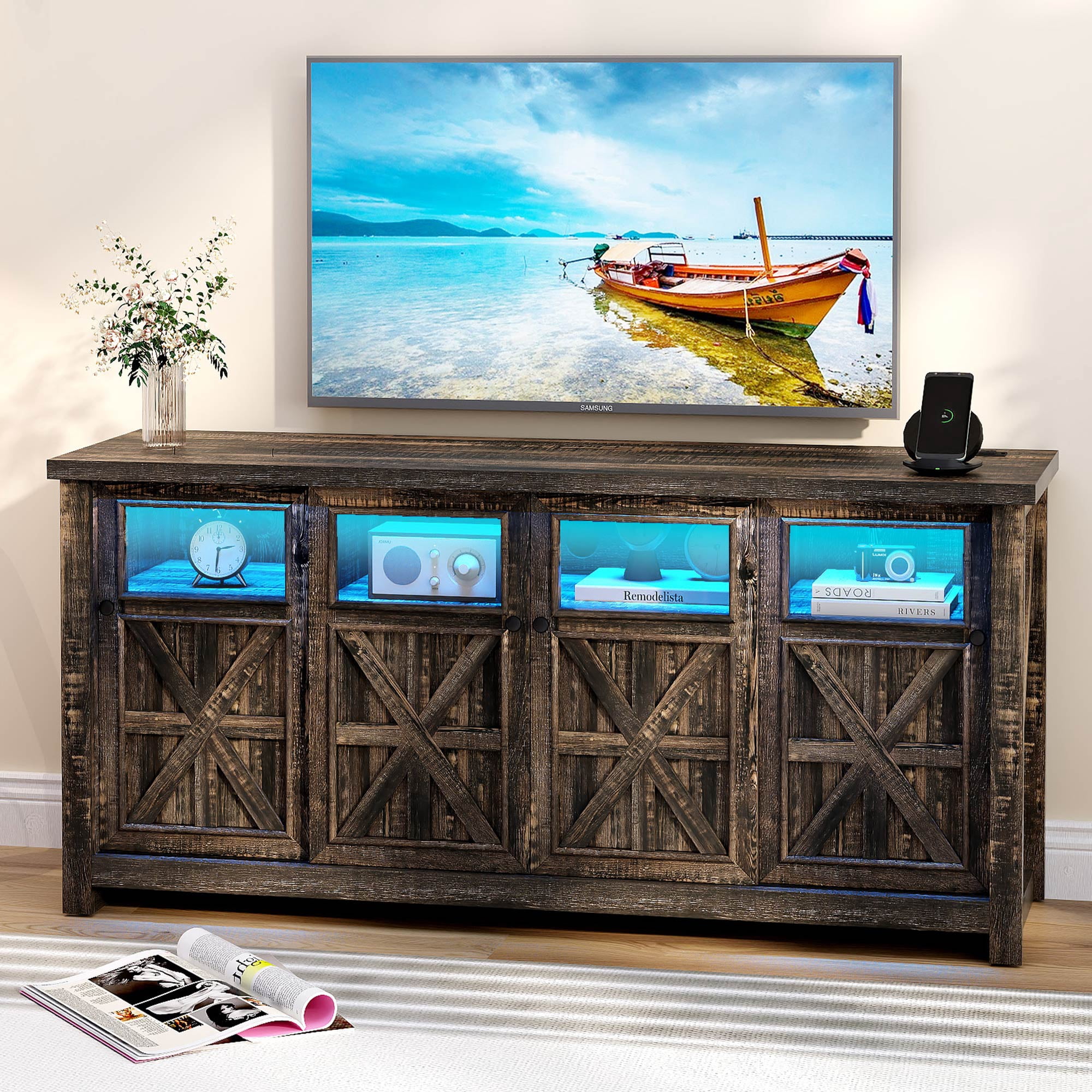 Uforic Large LED TV Stand for TV up to 75", Farmhouse Entertainment Center with Sliding Door, Oak