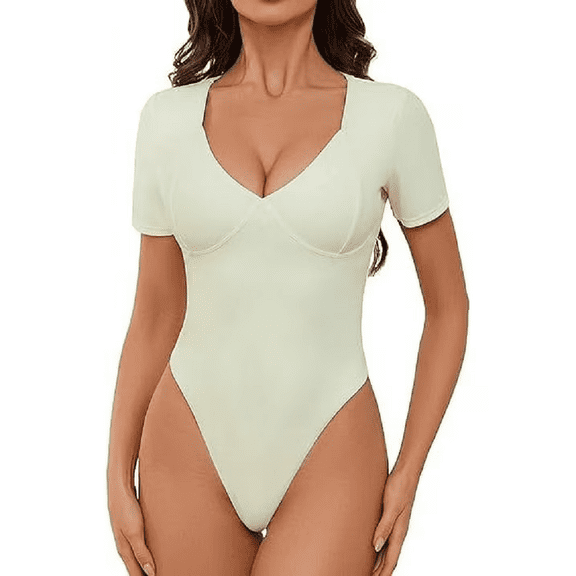 Scacto Women's Short Sleeve V Neck Bodysuit Seamed Cup Going Out Tops Shirt