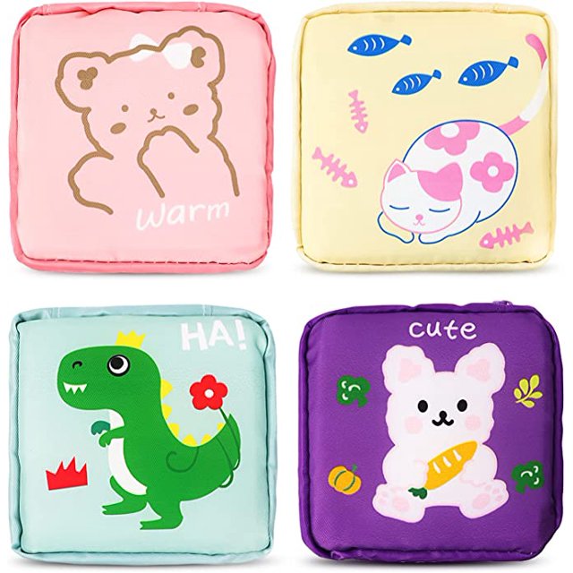 Sac de Rangement pour Serviettes Hygiéniques 4 Pcs (Chat), Sac de Rangement pour Serviettes Hygiéniques Portables, Lot de 4 Sacs Réutilisables pour Coupe Menstruelle avec Fermeture Éclair, 12 * 12cm, Convient aux Filles, Femmes et Femmes