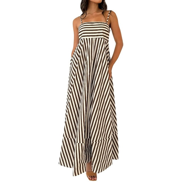 WTXUE Robes pour Femmes, Robe à Col Rond pour Femmes à la Mode Imprimée, Dos Nu, à Bretelles, Grand Ourlet, Taille Haute, Sans Manches (Brun, M)