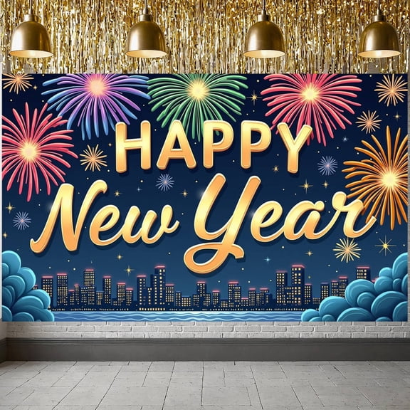 Colorful Fireworks Happy New Year Banner Golden Lettering New Year Celebration Display Night Sky Design Cityscape Festive Backdrop for New Year Party Holiday Celebration Indoor Decoration