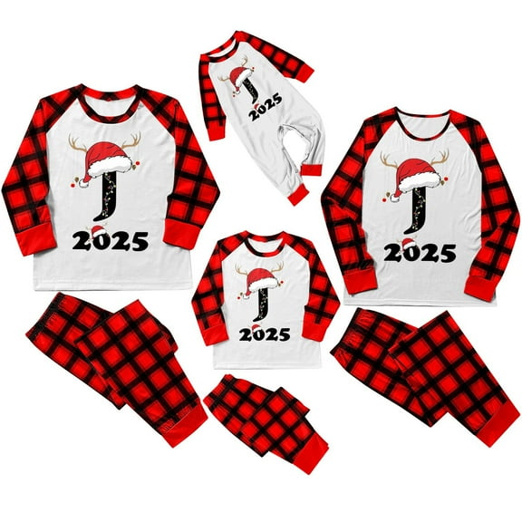 KHONTS Christmas Monogram J Printed Family Matching Pajamas Sets Long Sleeve and Pants Cozy Home Loungewear Holiday Sleepwear Men XL