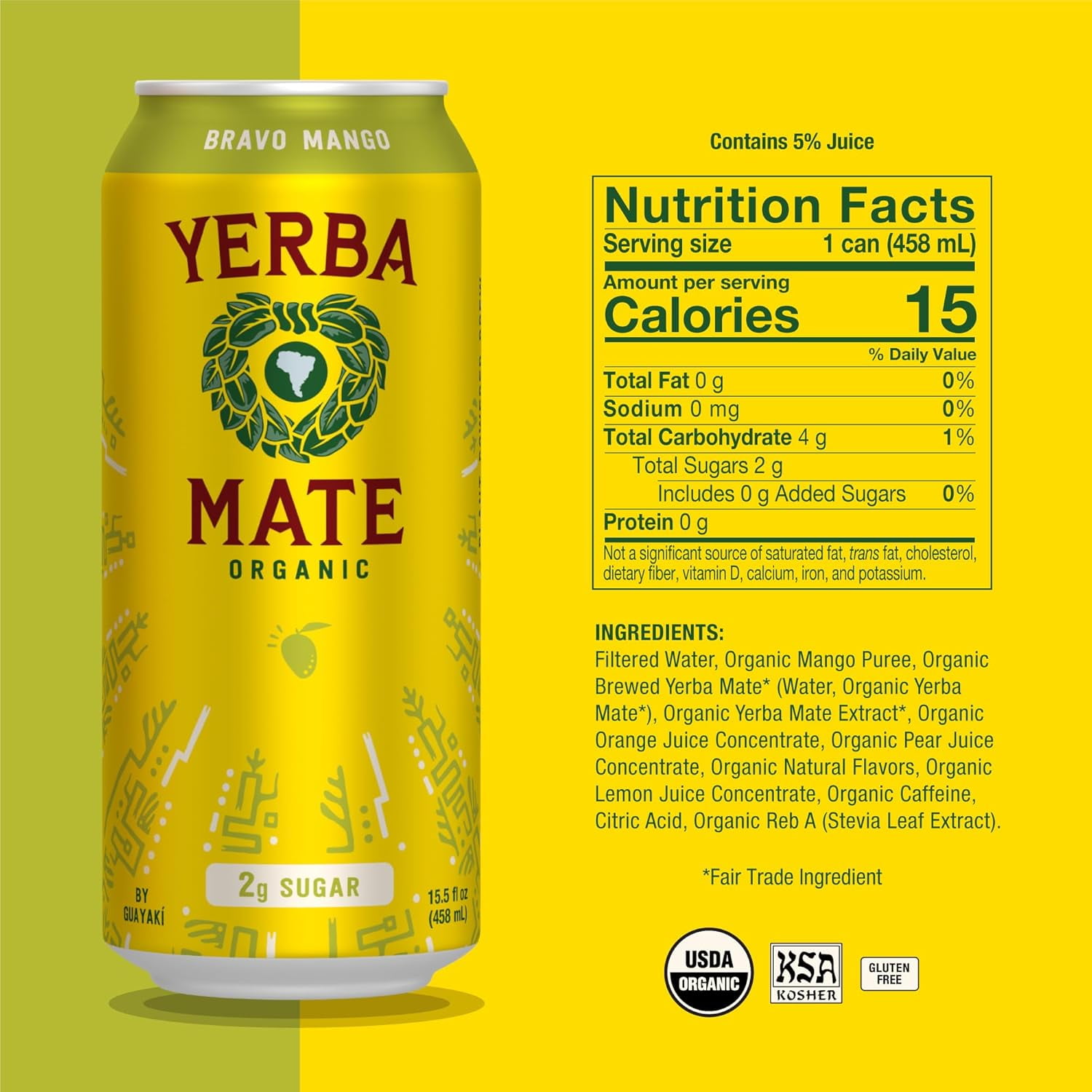 Guayakí Yerba Mate Bravo Mango, 15.5oz Cans, 6-Pack