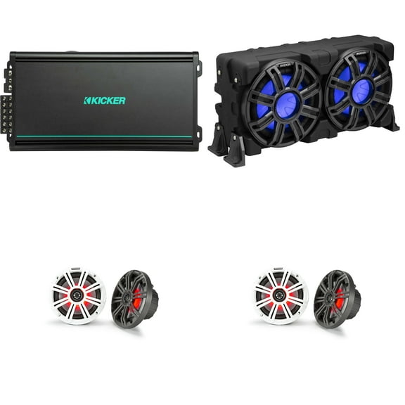 Kicker Marine (2) 45KM654L 6.5", 48KMA6006 6 Channel Amp  & 51MWLE104 10" Loaded Enclosure, LED Marine Audio Upgrade