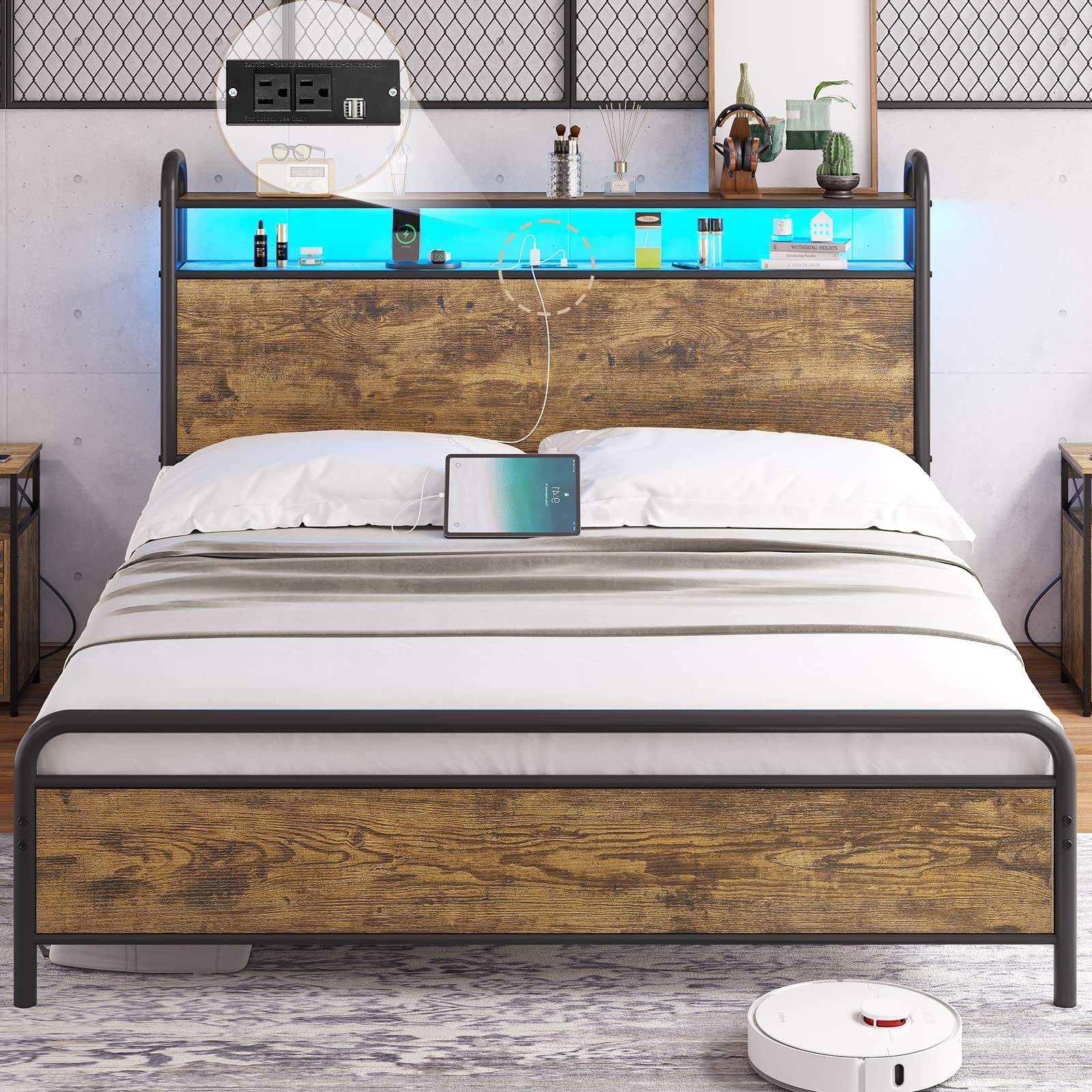 Queen LED Bed Frame with USB Ports&Outlets&LED Headboard, Metal
