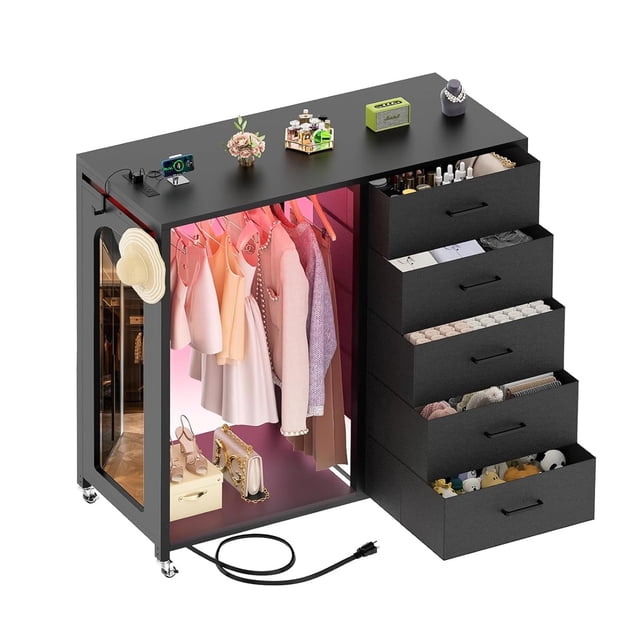 Armario Infantil con Espejo, Guardarropa de Tela Armario Vertical Multiusos, para Dormitorio Estudio o Vestidor, 115x40x115 cm (Negro)