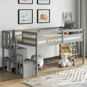 JINS & VICO Multifunctional Low Loft Bed Frame with Storage, Staircase & Full-length Safety Guardrails, Twin size Loft Bed Frame, No Box Spring Needed, Grey