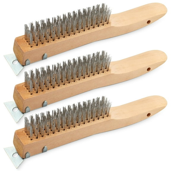 3 Pcs Carbon Steel Shoe Handle Wire Scratch Brush with Scraper - 4x16 Rows Stainless Steel Wire for Rust Removal & Workbench Cleaning - Essential Tool for Home, Workshop & Professional Use
