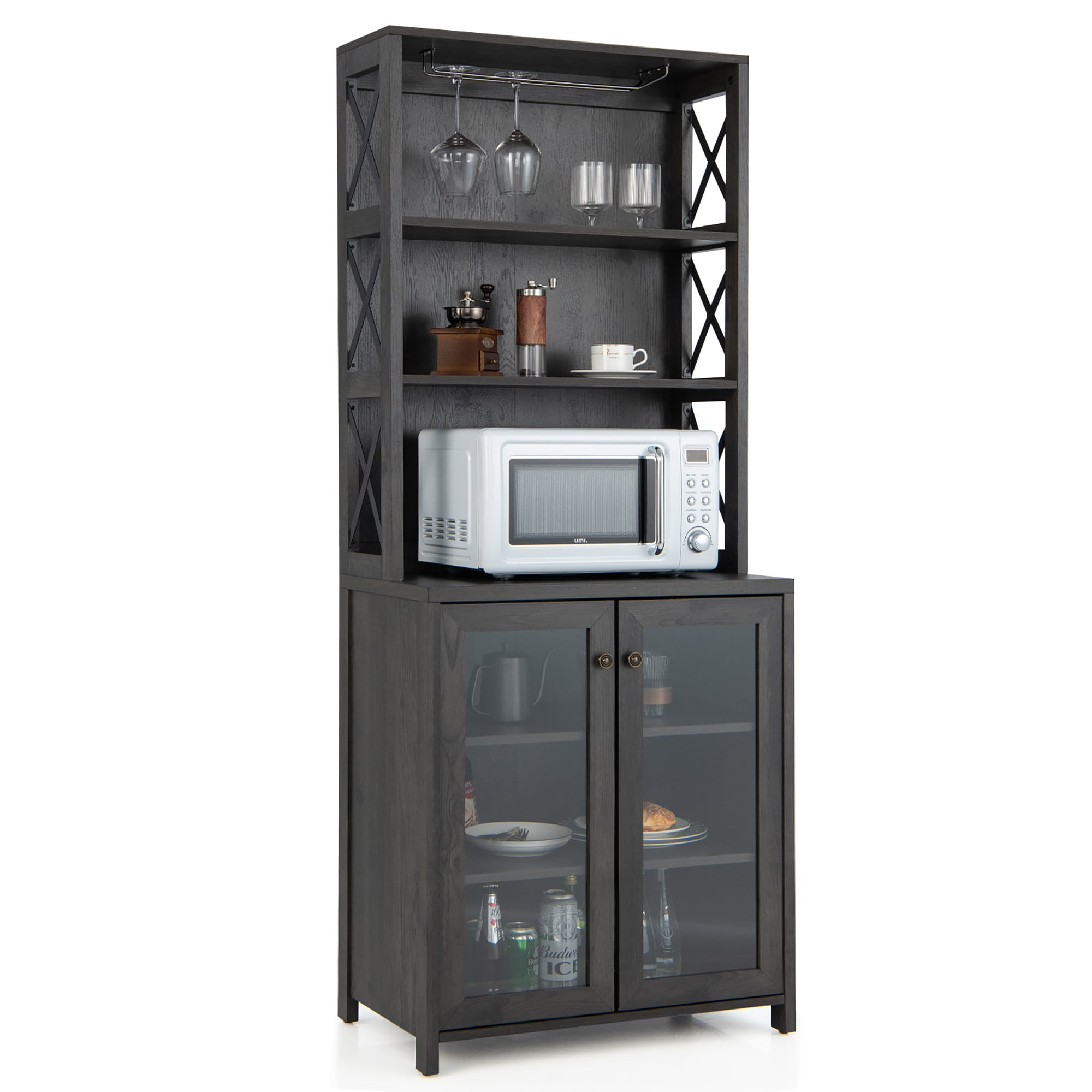 Costway Tall Freestanding Bar Kitchen Buffet w/ Glass Holder